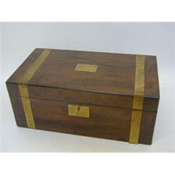A MAHOGANY WRITING SLOPE, 19th Century, brass bound, fitted interior with two ink bottles, width ...