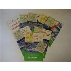 EIGHT 1950'S FOOTBALL MATCH PROGRAMMES, seven with ticket stubs, (also eight other stubs) England...