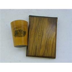 A MAUCHLINE WARE TUMBLER CASE, 'Golden Lion Hotel, Hunstanton', height 8cm and an olive wood pres...