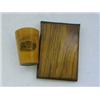 Image 1 : A MAUCHLINE WARE TUMBLER CASE, 'Golden Lion Hotel, Hunstanton', height 8cm and an olive wood pres...