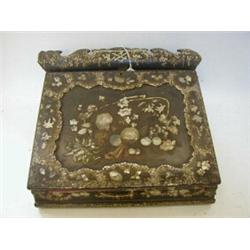 A PAPIER MACHE TABLE TOP WRITING DESK, c.1850, extensive mother of pearl and gilding, (in need of...