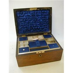 A VICTORIAN WALNUT WORK BOX, blue silk lined fitted interior, width 30cm  £30-50...