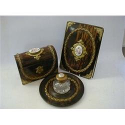 A COROMANDEL WOOD THREE PIECE DESK SET, mid 19th Century, inkstand, stationery box and blotter, b...