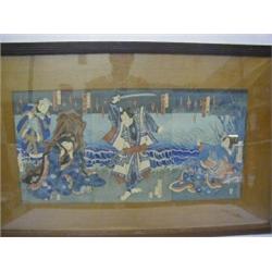 A JAPANESE WOODBLOCK TRIPTYCH, 19th Century, lakeside scene with flames, central male figure bran...