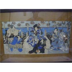 A JAPANESE WOODBLOCK TRIPTYCH, 19th Century, martial figure with kneeling armed female, right nob...