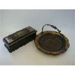 A PAPIER MACHE BASKET, mid 19th Century, swing handle, gilt decoration and a glove box (s.d.) (2)...
