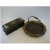 Image 1 : A PAPIER MACHE BASKET, mid 19th Century, swing handle, gilt decoration and a glove box (s.d.) (2)...