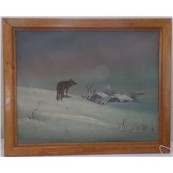 Old Painting of Wolf Near Cabins
