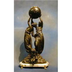 A 19th/20th Century French 8 day clock with Arabic numerals in the form of a globe being supporte...