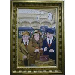 John Schwatschke, an oil painting on canvas "First Class Naturally" 39" x 19", the reverse signed...