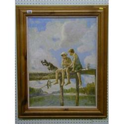 Koty a lan Yuri, Russian School, oil painting on canvas "Two Boys Fishing with Dog" 23" x 17" £10...