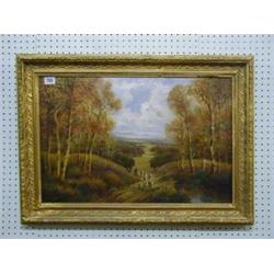 F C Jamieson, A Victorian oil painting on canvas "Downland Scene with Shepherd Driving Sheep" 15"...