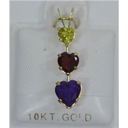10 KT GOLD PERIDOT, GARNET & AMETHYST PENDANT