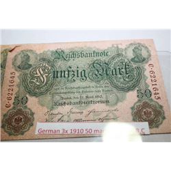 THREE GERMAN 1910 50 MARK - SERIES A, B, & C X3