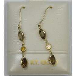 9 KT GOLD SMOKEY QUARTZ & CITRINE DROP EARRINGS