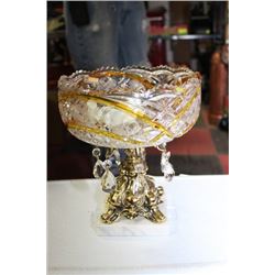 ESTATE CRYSTAL PEDESTAL BOWL BRASS & MARBLE WITH
