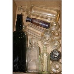 BOX OF 13 VINTAGE BOTTLES MEDICINE ETC.