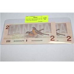 GEM UNC 1986 CONSEC S/N "ROBIN" 2 DOLLAR NOTES X2