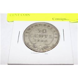 1908 NEWFOUNDLAND SILVER 50 CENT COIN