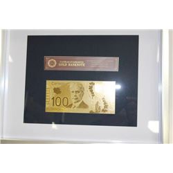24K GOLD CANADIAN 100 DOLLAR BANKNOTE FRAMED