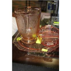 3 PCES OF DEPRESSION GLASS- JUG, PLATE & SECTIONED