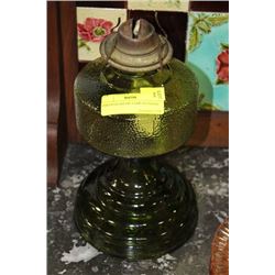 GREEN GLASS OIL LAMP-NO SHADE