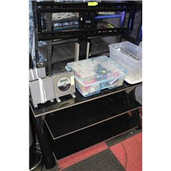BLACK GLASS TOP TV STAND W/ LARGE FLATSCREEN