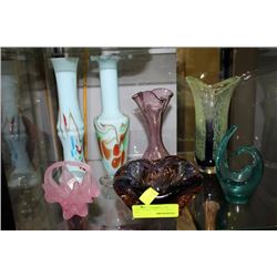 SHELF OF ASST ART GLASS VASES AND DISHES