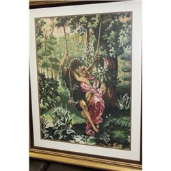 LARGE ESTATE NEEDLEPOINT TREE SWING PICTURE