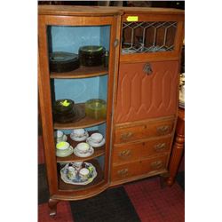 ANTIQUE OAK DROPFRONT  DISPLAY CABINET