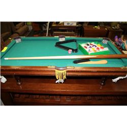 MINIATURE POOL TABLE WITH CUE, BALLS, RACK, AND