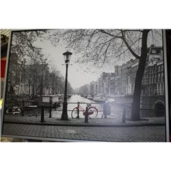 LARGE BLACK & WHITE VIENNA PICTURE W/ RED BIKE -