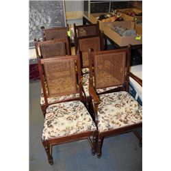 6 WOOD AND FABRIC CHAIRS W WICKER BACKS (ONE