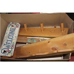 BOX W/ SET OF 3 WOOD SHELVES & COAT RACK AND A