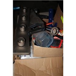BOX OF MISCELLANIOUS TOOLS/HOUSEHOLD ITEMS