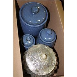 CANDY DISH & 3 CERAMIC CANNISTERS