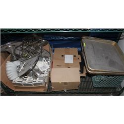 LOWER SHELF LOT OF GLASSES, PANS, MENU HOLDERS,ETC