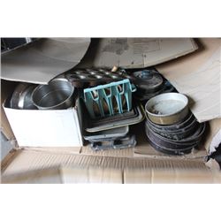 LARGE BOX OF PANS, TRAYS ETC.