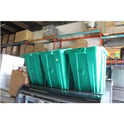 3 GREEN BINS & BOX WITH BAKERY ITEMS, UTENSILS