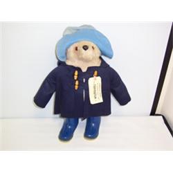 PADDINGTON BEAR,by Gabrielle with blue felt coat,pale blue hat and blue Dunlop wellington boots,...