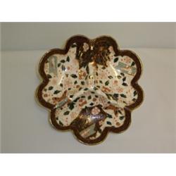 THREE DIVISION DISH,with fish and floral decoration,in burgundy,green and gold. Impressed mark -...