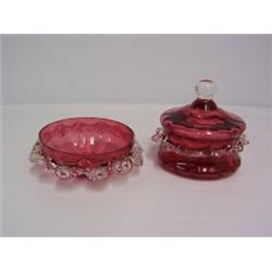 CRANBERRY LIDDED POT,with clear frilled diamond decoration,plus similar unlided pot, A.F 40 - 50...