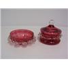 Image 1 : CRANBERRY LIDDED POT,with clear frilled diamond decoration,plus similar unlided pot, A.F 40 - 50...