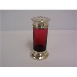 CRANBERRY GLASS AND SILVER CYLINDRICAL SHAPED SUGAR SIFTER,Birmingham 1913 60 - 80...
