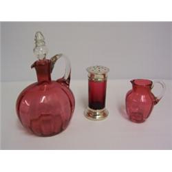 VICTORIAN CRANBERRY CLARET JUG,with clear handle and stopper together with Victorian Cranberry cr...