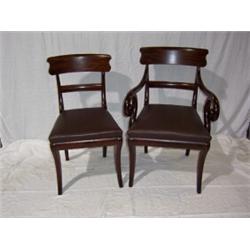 SET OF SEVEN MAHOGANY LATE REGENCY DINING CHAIRS,including one armchair,with drop in seats sabre...