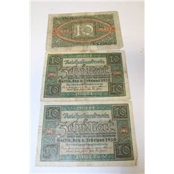 3 1920 GERMAN 10 MARKS BANKNOTES