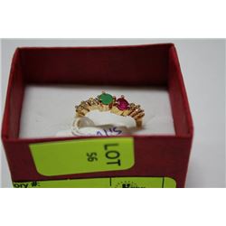 .925 SILVER CZ NATURAL GREEN EMERALD & RUBY RING