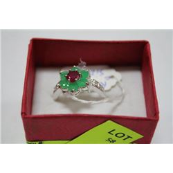 .925 SILVER NATURAL RUBY & EMERALD, CZ RING