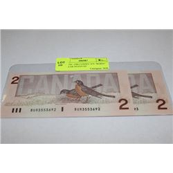 GEM UNC 1986 CONSEC S/N "ROBIN" 2 DOLLAR NOTES X2